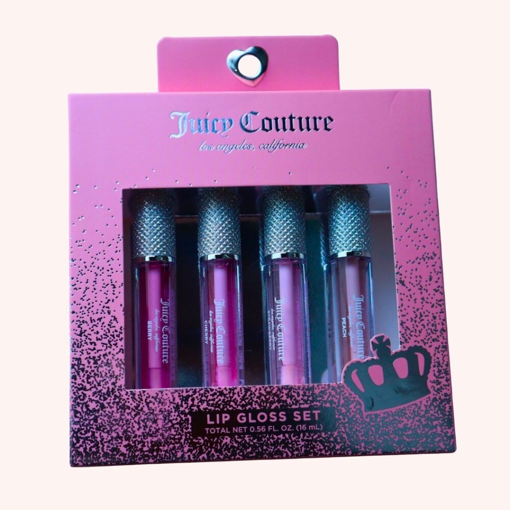 NEWJuicy Couture 4pc Lip Gloss Set Full Size Bling Top Peach Cherry Strawberry